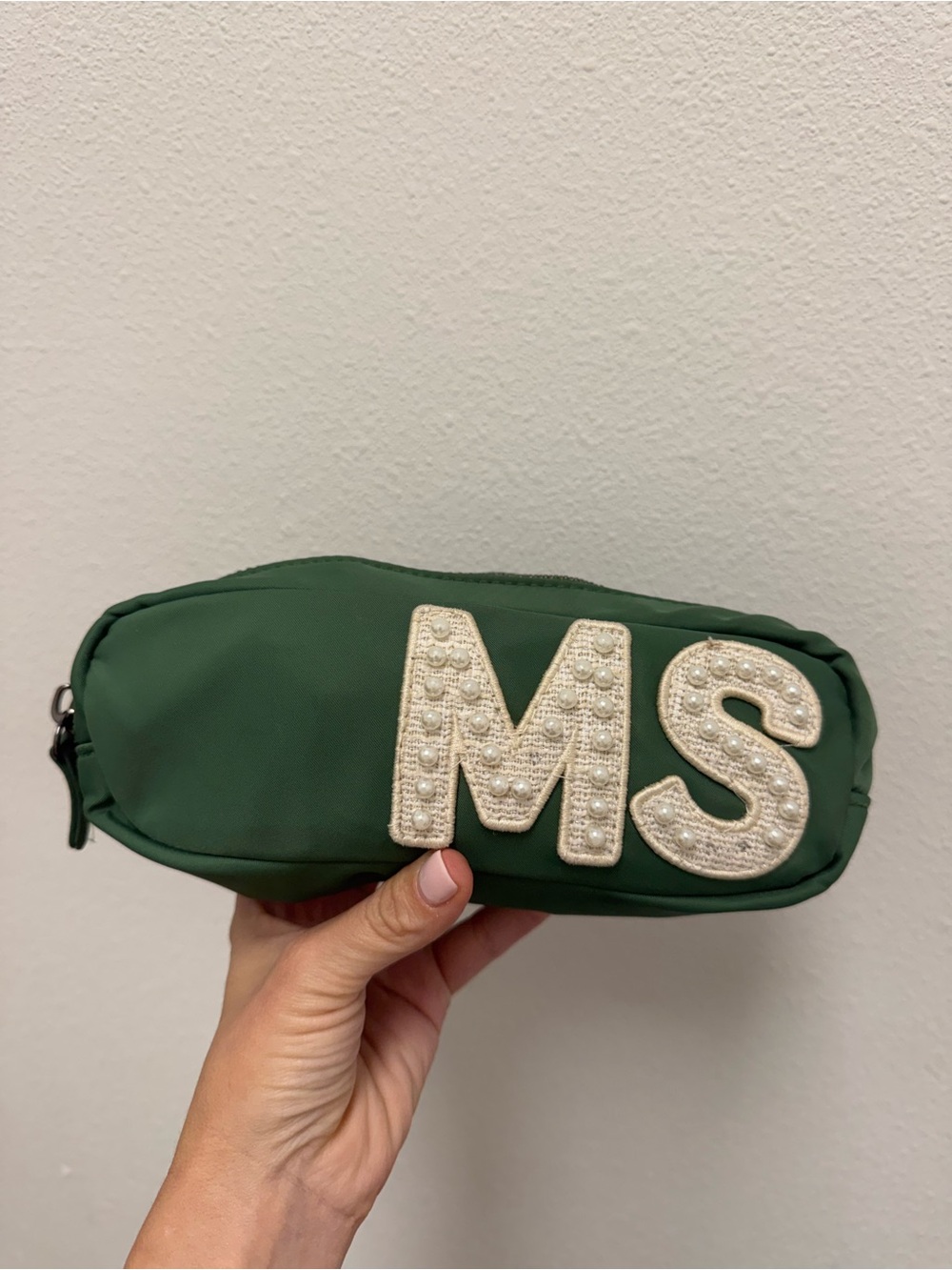 Army Green Cosmetic Pouch with Pearl Embellished Initials -COLORLIMITED EDITION